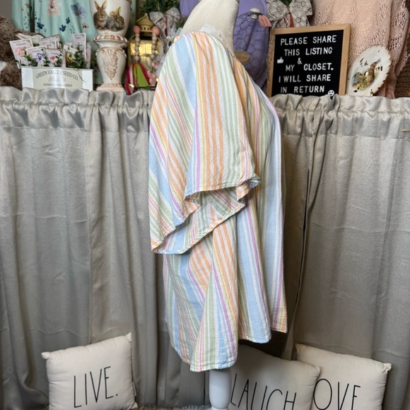Blue and Pink Relaxed Blouse with Gathered Neckline - Picture 3 of 8